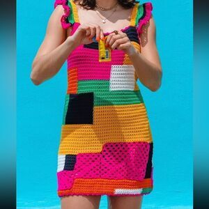 Zara Colorblock Crochet Mini Dress in Pink, Yellow, Green, Black, White